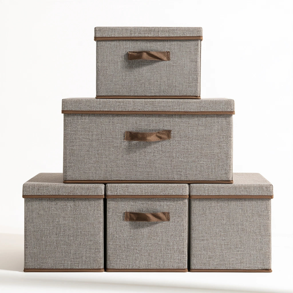 Baule portaoggetti con rivestimento in tessuto, colore grigio e marrone
