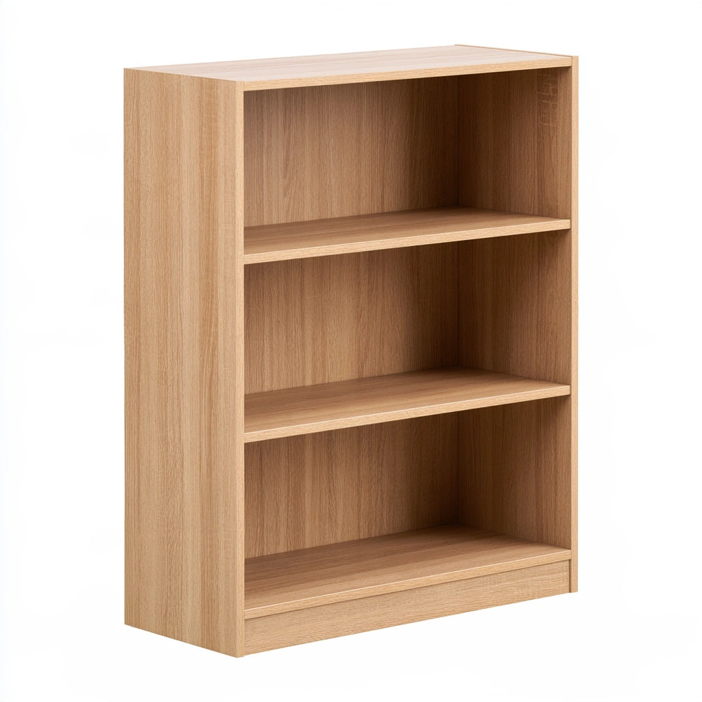 Libreria a giorno in legno finitura rovere a tre livelli, colore marrone chiaro